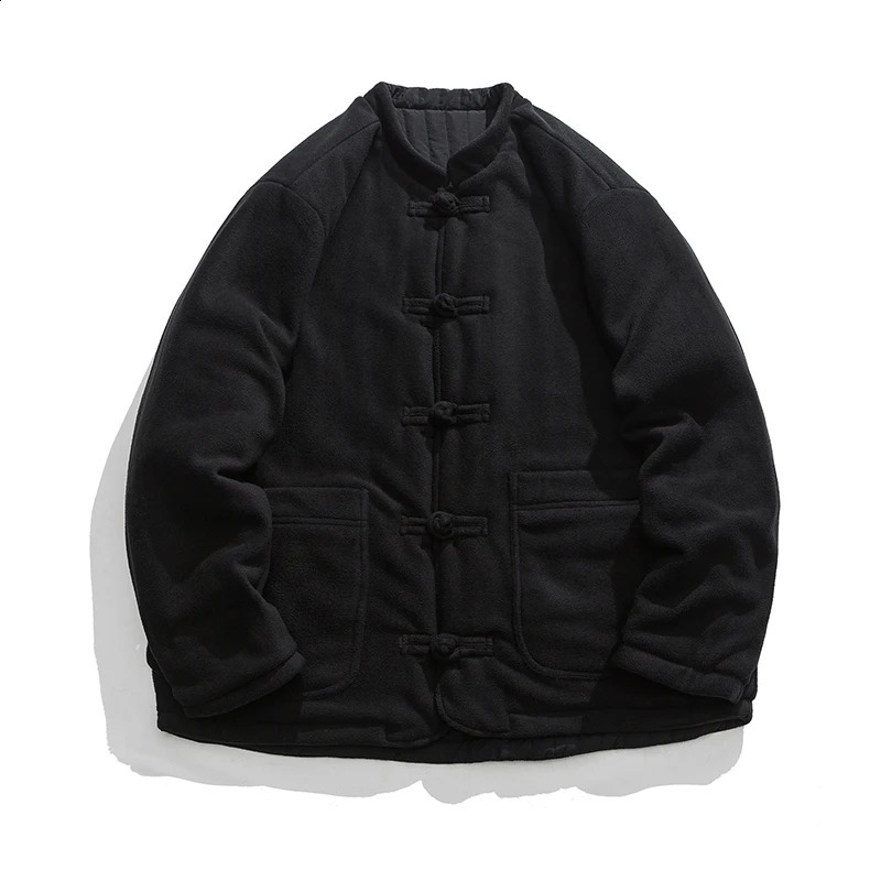 Vintage Quilted Cotton Parkas Mens Solid Color Standing Collar Coats Chinese Style Harajuku Plush Couple Jacket Wear Both Sides 251013