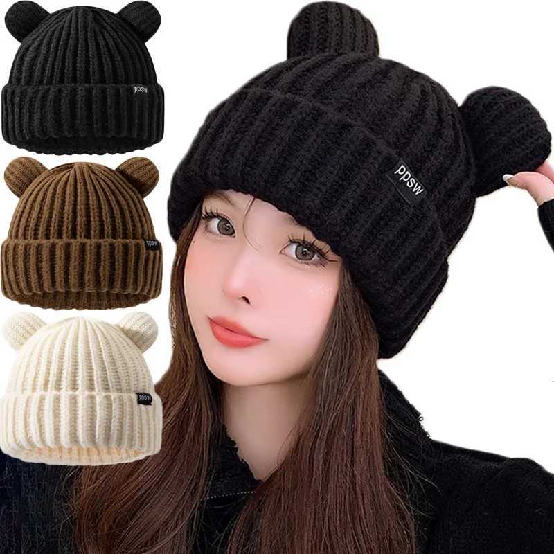 Cute Bear Ear Knitted Wool Hat Women Fashion Hooded Thick Beanies Cap Winter Warm Woolen Hats Designer Kpop Personality BonnetXJ251023