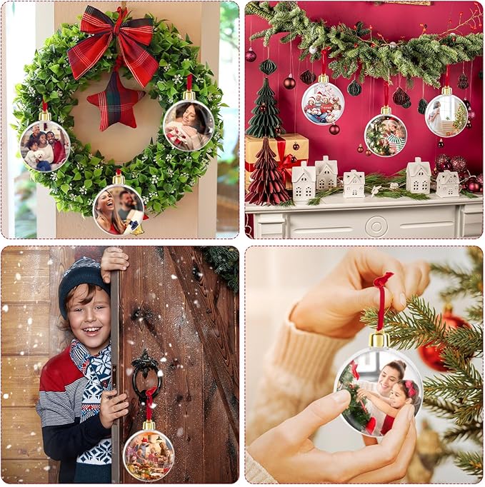 Christmas Photo Ornaments Ball with Your Own Photos Clear Plastic Hanging Picture Frame Ornaments Bulk DIY Personalized Baubles for Christmas Tree Dec