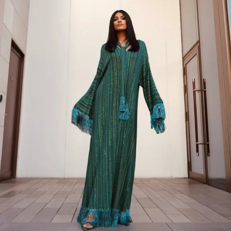 Elegant Tassel Hem Long Dress Women Loose Vneck Full Sleeve Scarf Dresses Autumn Party Evening Luxurious Lady Robe 251022
