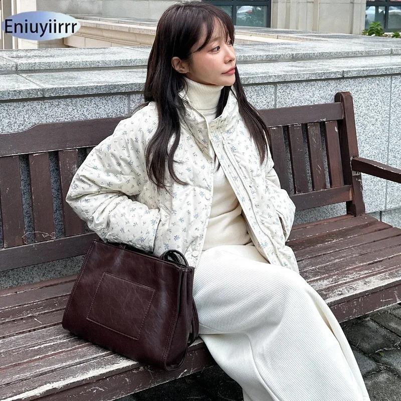 Warm Cute Sweet Women Coats Cotton Printed Florals Chic Elegant Loose Thicken Daily Winter All Match High Street Parkas 251021