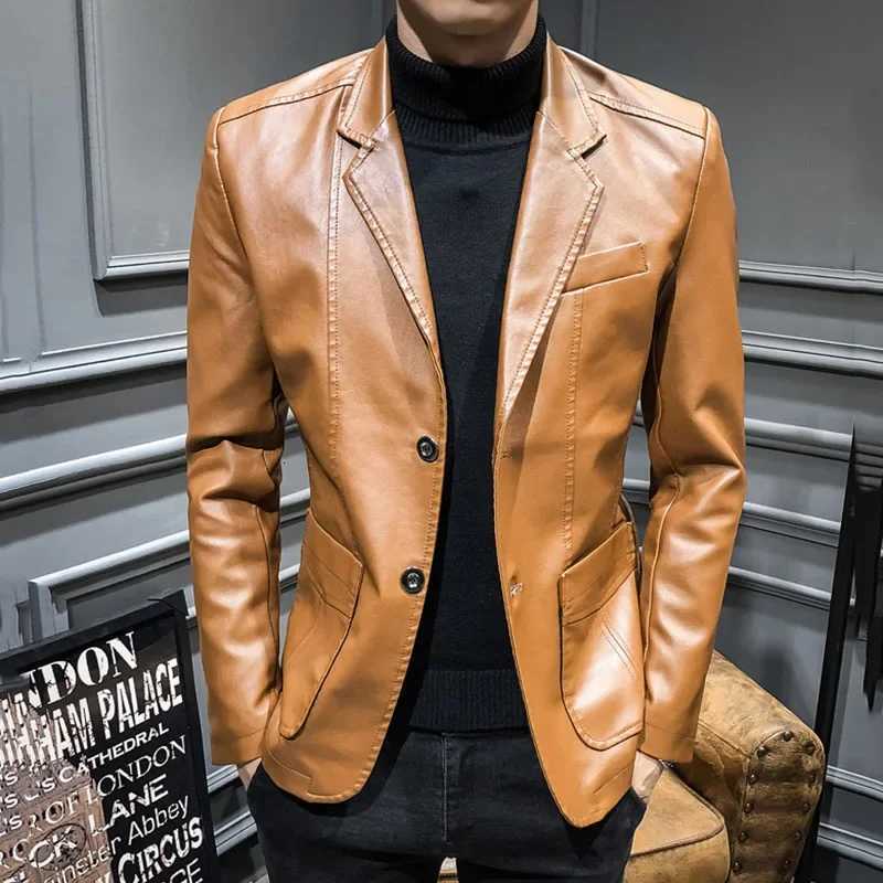 Spring Autumn Korean Style Mens Slim Fit Motorcycle PU Leather Jacket Single Breasted Business Coat Fashion Streetwear W251023