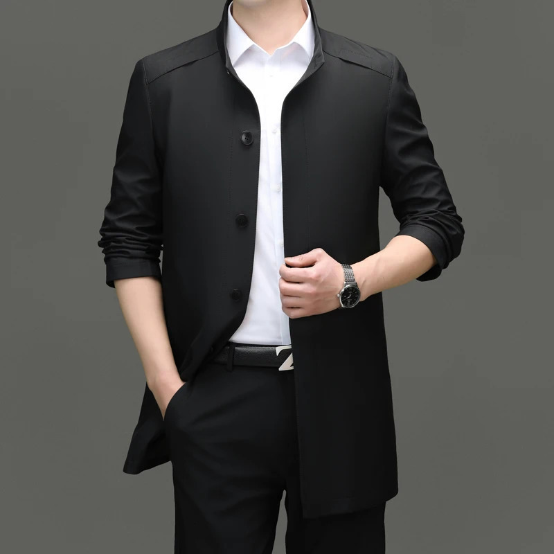 Mens 2025 Trench Coat Long Stand Collar Business Fashion Trend Solid Color Casual for Young People 251014