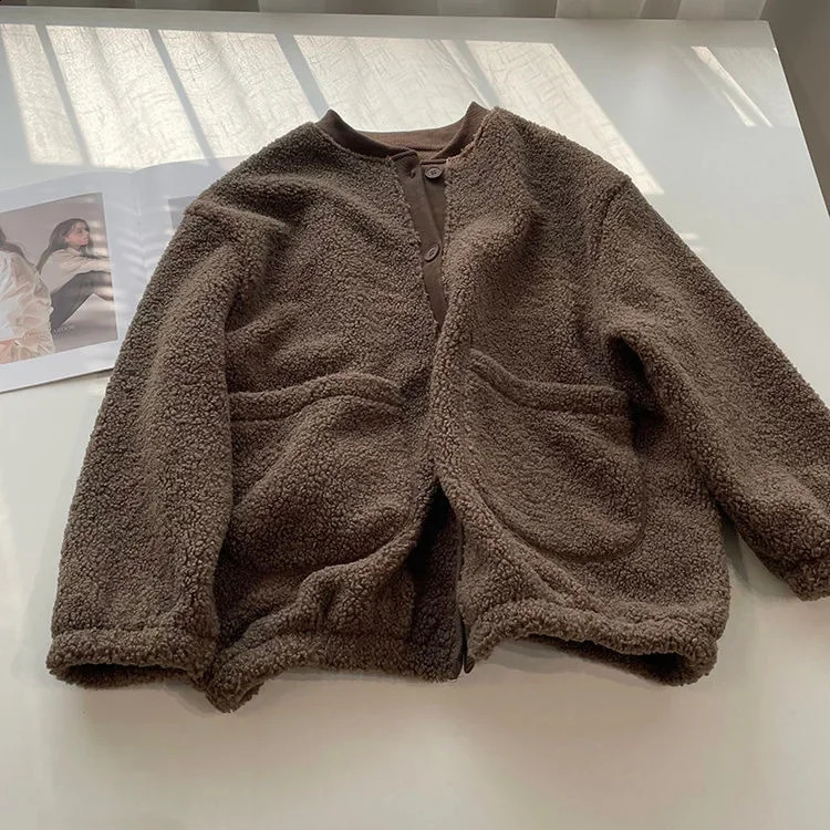 Womens Lamb Wool Cardigan Sweatshirt Solid Color Thick FleeceLined Niche Ballpark Jacket AutumnWinter Japanese Style Student 251022