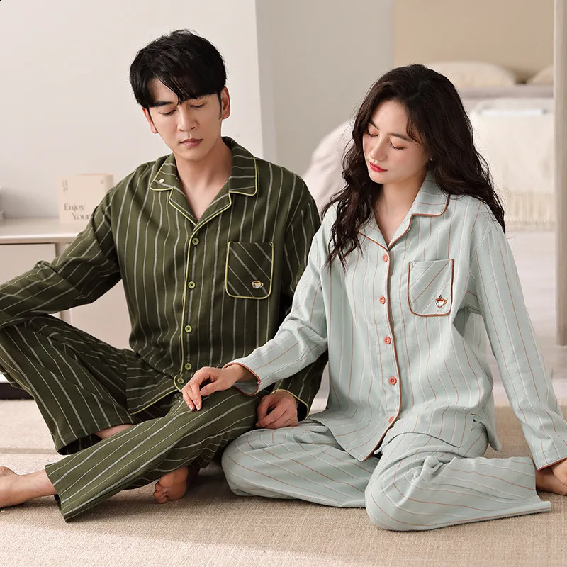 Solid Color Cotton Pajamas Set for Couples Women and Men Matching Sleepwear Long Sleeves Sleeping Top Trouser Cardigan Pijamas 251021