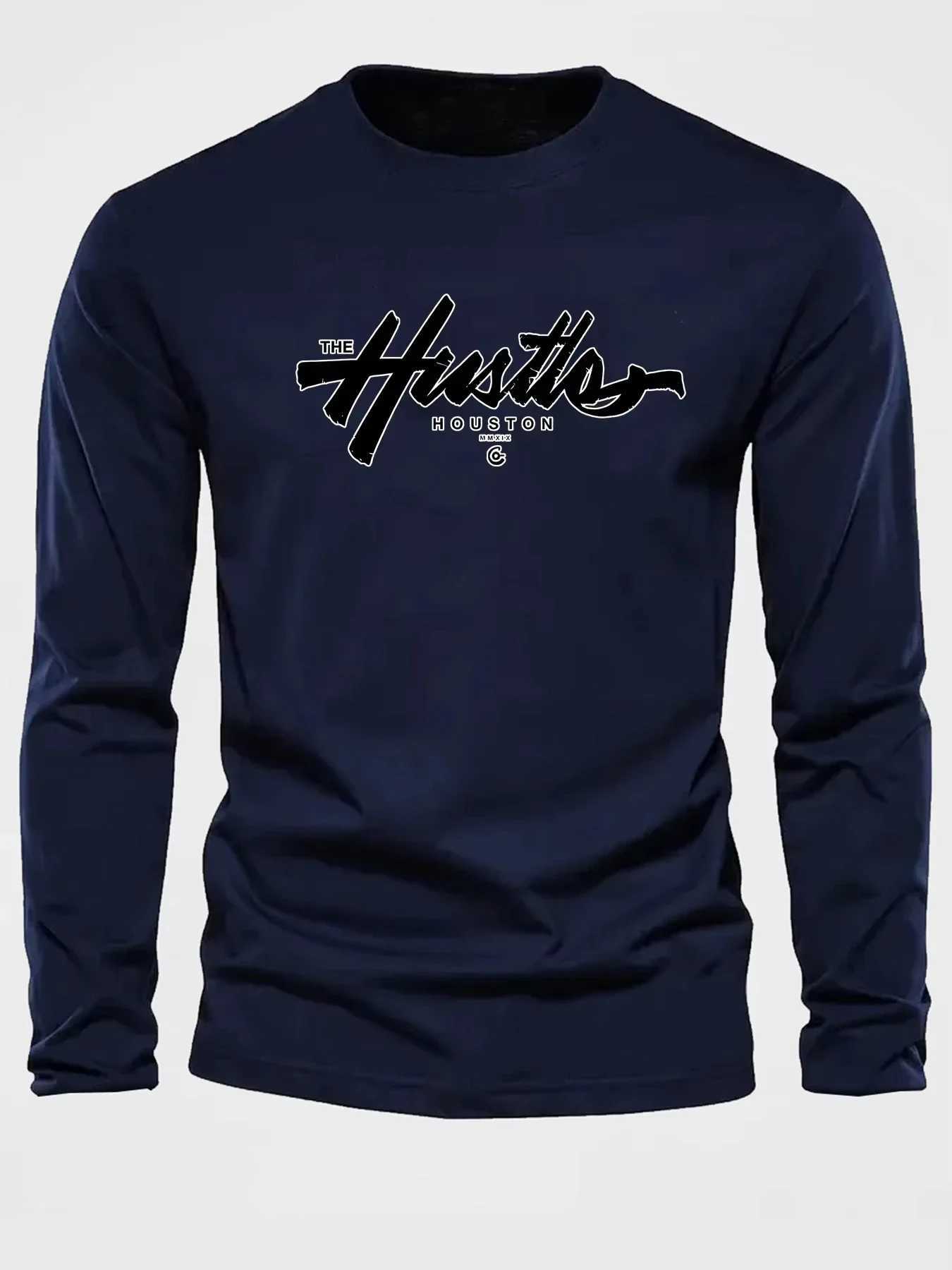 2025 Mens Spring and Autumn 100 Cotton Comfortable Casual Houston Letter Pattern Printed Round Neck Long Sleeve Tshirt TopXJ251023
