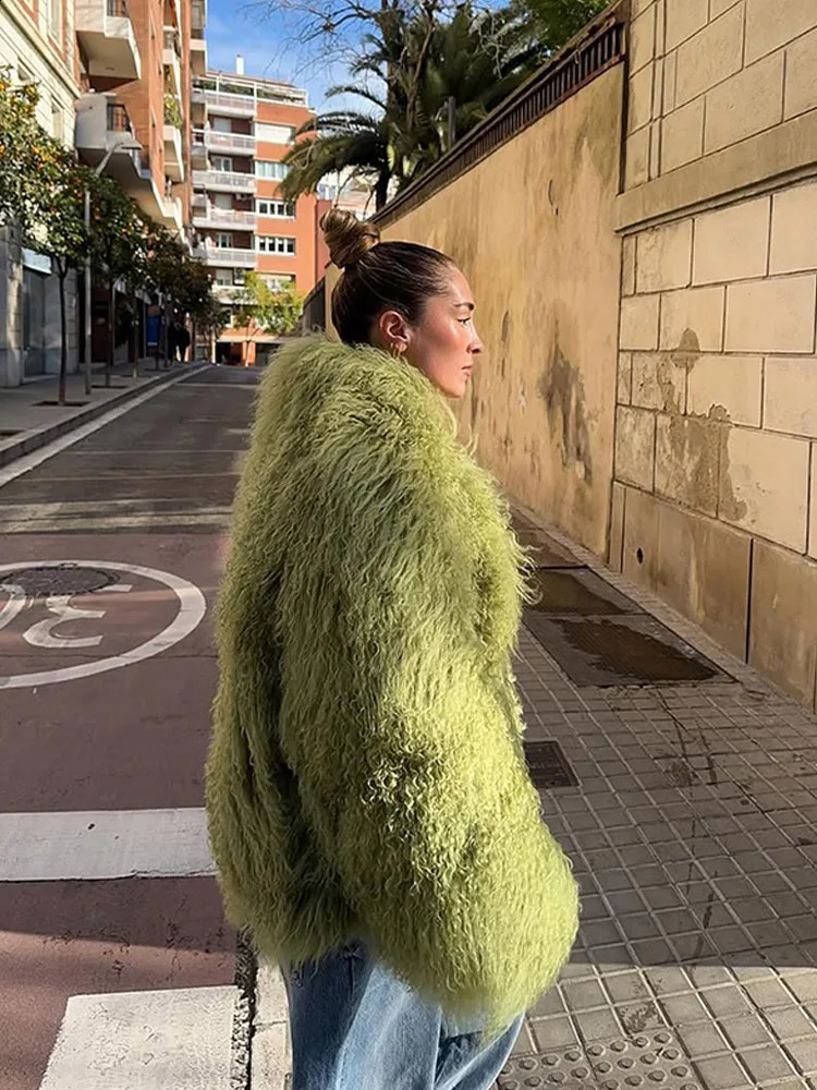 Women Casual Green Fur Jacket Chic Collar Loose Winter Lady Daily Fashionable Commuting Street Outerwear 251021