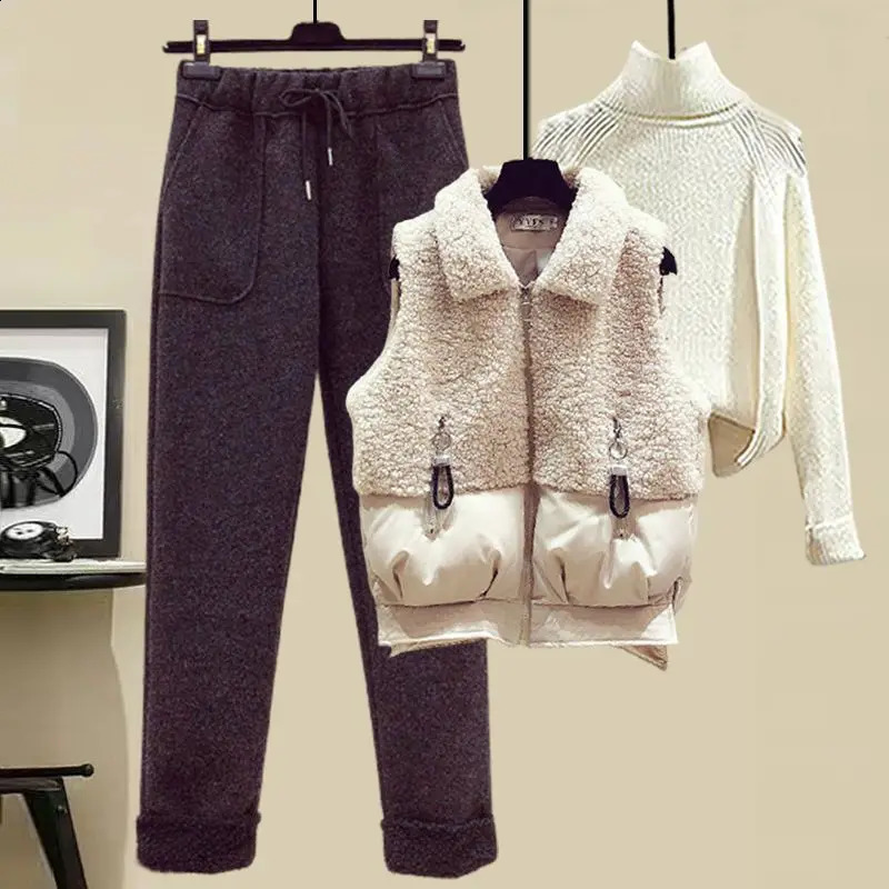 Autumn and Winter Womens Suit Lamb Wool Vest Thickened Cashmere Sweater High Waist Casual Woolen Trousers Three Piece Set 251022