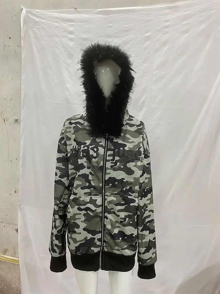 Winter Camouflage Pattern Hoodie womens Warm Fluffy Fur Collar sweatshirt Casual Trendy Hooded zipup woman clothing 251022