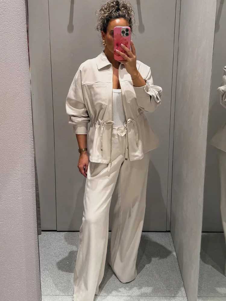 HH Women Long Sleeves Belt Lapel Zipper Pocket CoatHigh Waist Elastic Waist Drawstring Wide Leg Pants Autumn Chic 2Piece SetT251022