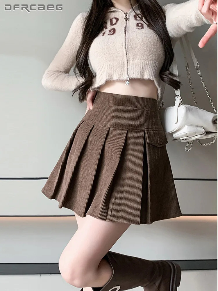 High Waisted Vintage Women Short Pleated Skirt With Pocket Autumn Winter Causal Sweet Corduroy ALine Skirts Lady 251022