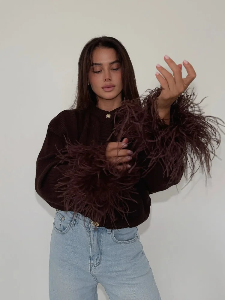 Women Chic Feather Patchwork Knitted Cardigan Oneck Long Sleeve Singlebreasted Short Sweater Lady High Street Knitwear 251022