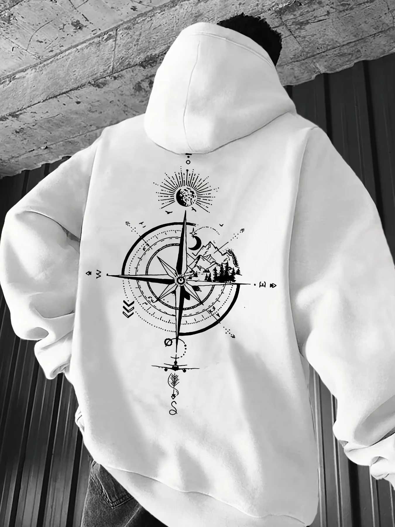 Vintage Compass Printed Hoodie Mens Autumn and Winter Casual Fashion Longsleeved Sweatshirt Daily Street ClothingT251023