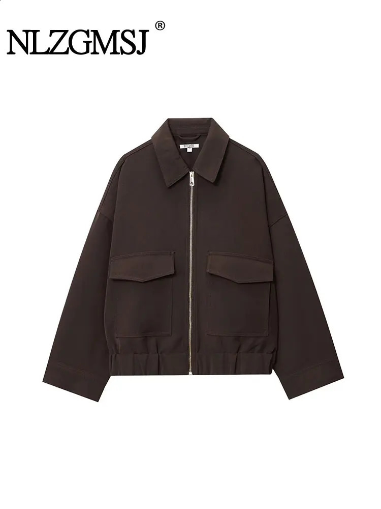 NLZGMSJ Womens 2025 Autumn Elegant Clothing Jacket Vintage Lapel Collar Zipper Full Sleeve Pocket Coat Lady Outerwears 251018