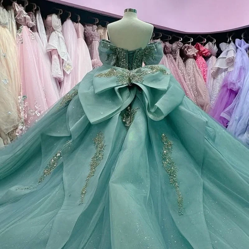Mint Green Shiny Quinceanera Dresses off the shoulder Applique Lace Beading Crystal Tull Bow glitter vestidos de 15 anos sweet 16 dress