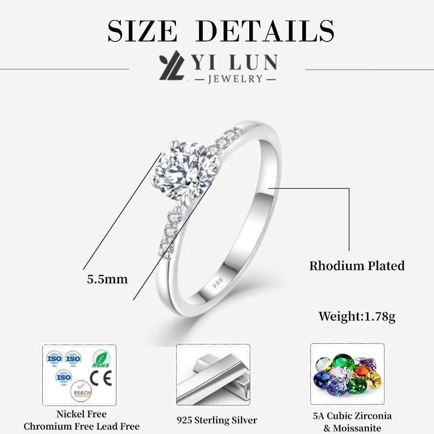 Womens 925 Sterling Silver RoundCut Moissanite Engagement Ring with GRA Certificate