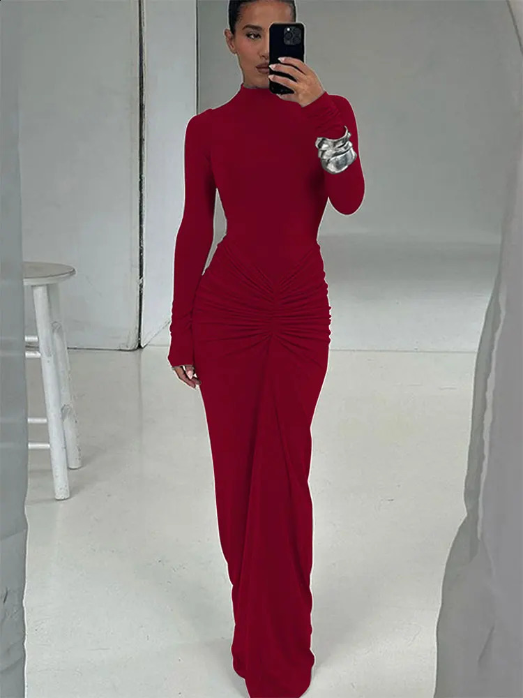 Autumn Women Dresses Streetwear Solid Sexy Fashion Folds ONeck Long Sleeves Casual Slim Maxi Elegant Knitted Dress 251022