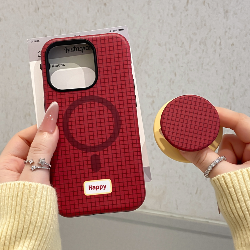 Magnetic 2-in-1 Stand Compatible with iPhone 16 Pro Max Phone Ins Red Plaid 15/17 Protective Case 13