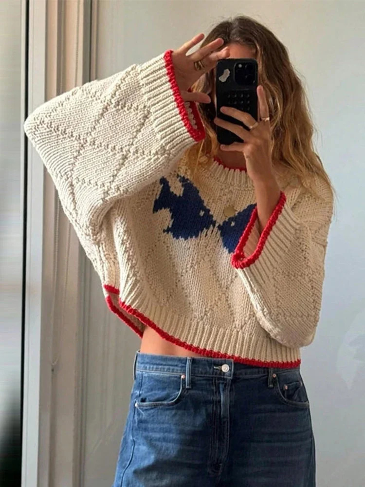 Contrast Knitted Short Sweater Women Long Sleeve Oneck Pullover Autumn Chic Female Loose Fish Colorful Knitwear Jumper 251016