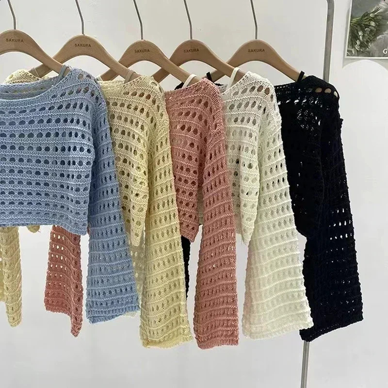 Y2K Long Sleeve Crochet Knit Top Summer Beach Bikini Cover Up Crop Pullover Wool Knitwear Blouse Women Vacation Boho Outfit 251023