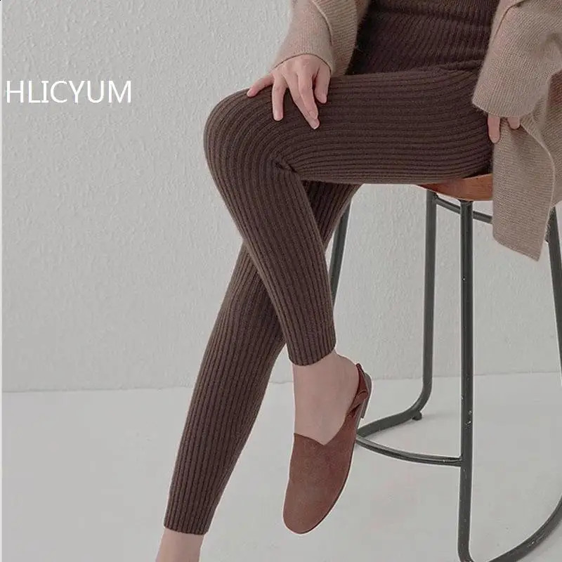 Cashmere Slim Leggings Women High Waist Casual Trousers Knitted Ribbed Thicken Solid Elasticity Thermal AnkleLength Leggins 251022