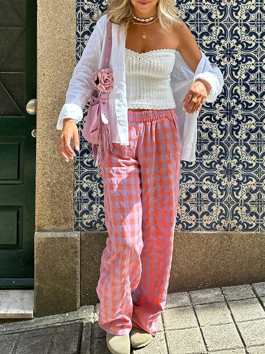 Women Fashion Pink Plaid Print Casual Slim Straight Pants Female Chic Zipper Fly Long Length Trousers Mujer 251016