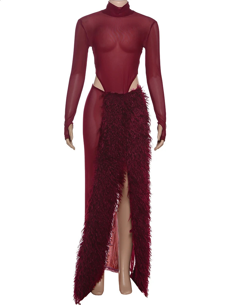 Sisterlind See Through 2Piece Set Women Coquette BodysuitFurry Patchwork Split Skirt Stretch Skinny Waistless Clubwear Outfits 251016