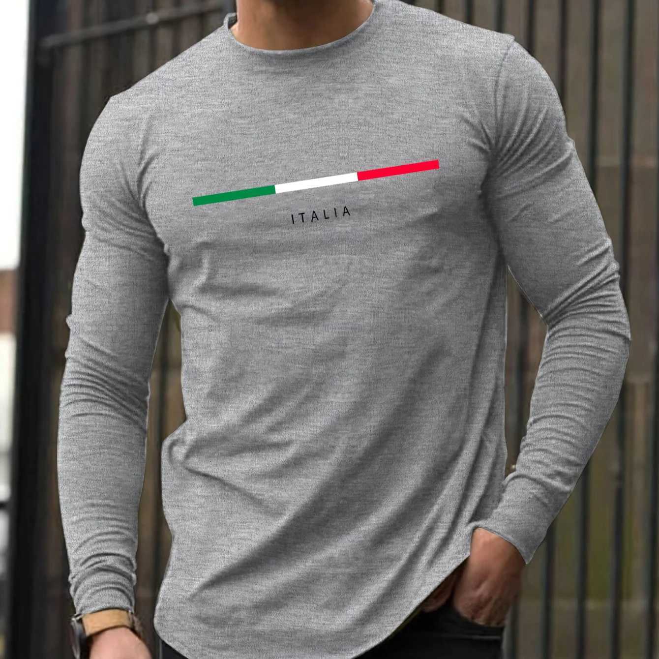 Mens Spring and Autumn 100 Cotton Loose Comfortable Casual ITALIA Letter Pattern Printed Round Neck Long Sleeve TshirtXJ251023