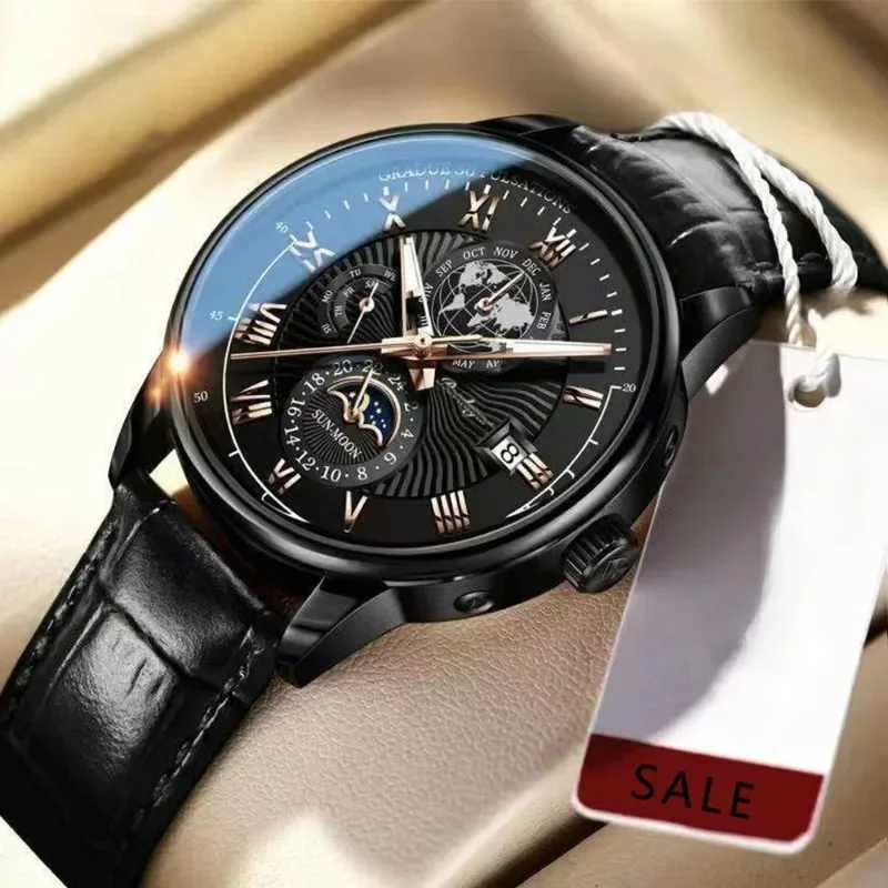 Luxury Man Watch Waterproof Chronograph Moon Phase Pattern Luminous Mens Wristwatch Leather Men Quartz Watches Casual ClockL251023