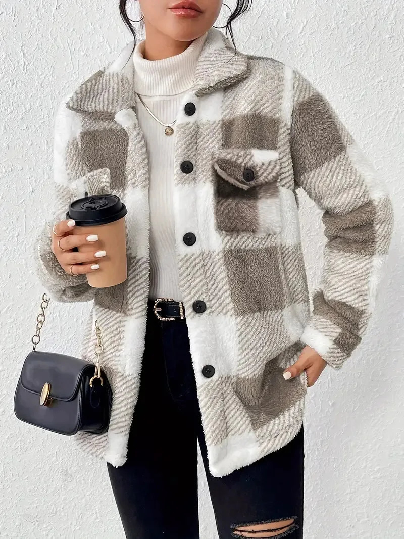 Europe and the United States autumn and winter openbutton lapel plaid coat plaid pattern button front jacket warm 251020
