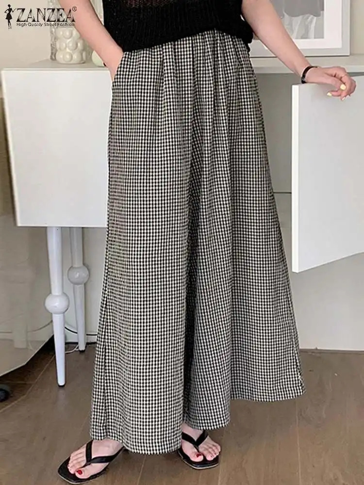 Vintage Checked Pants ZANZEA Women Stylish Wide Leg Pant Elegant High Waist Office Trousers Casual Loose Grid Pantalon Oversize 251016