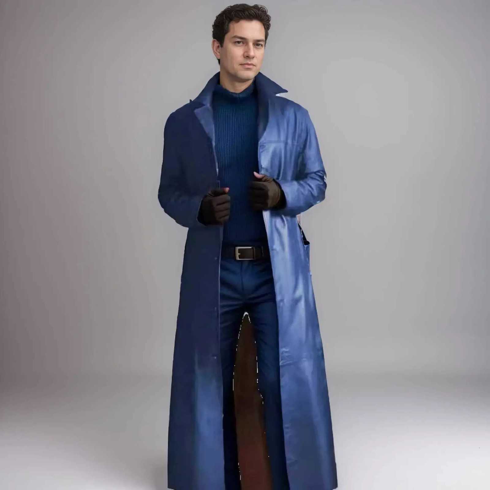 Fashion New Mens PU Leather Trench Coat Long Jacket Spring Fall Winter Detective Cosplay Costume Gothic Moto Biker Punk Outwear W251023