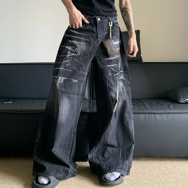 Autumn Winter Korean Vintage Jeans Lightning Pattern n MenS Loose Straight Leg Pants Casual Fashion Black 251018