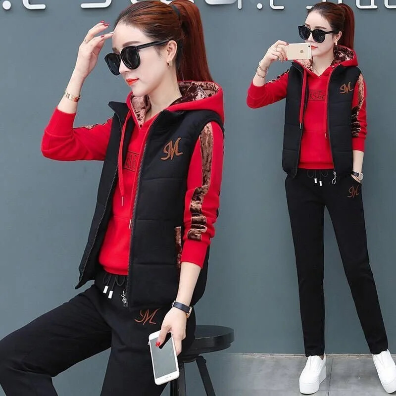 Womens Fashion Plush Thickened Sweat Suit Autumn Winter Casual Hooded Tops Waistcoat Pants 3 Three Piece Set For Women 251022