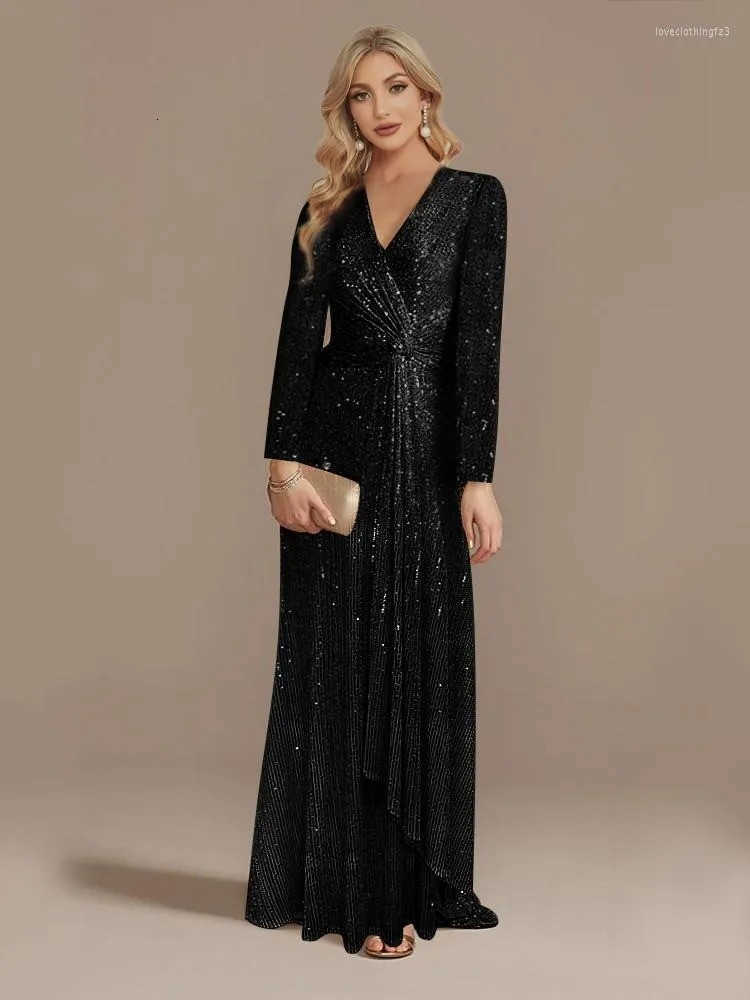 QMQA Fashion Womens Elegant Luxury Dress Dp V-neck Long Sve Waist Ruffle Wide Shoulder Dress 1A434 W241210