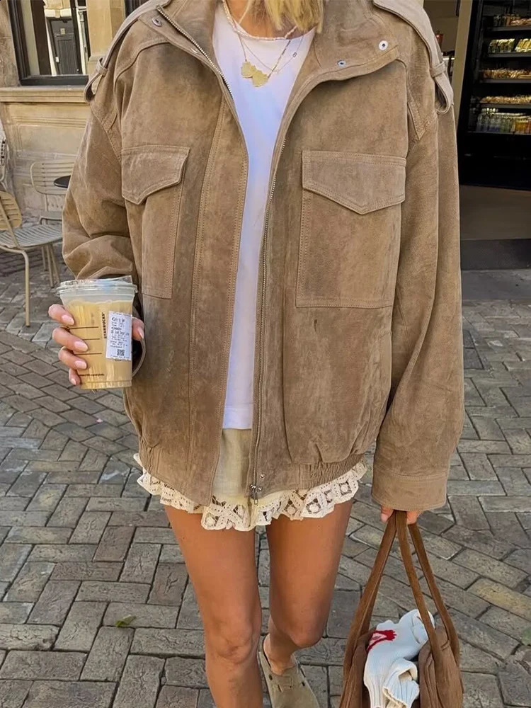 Women Vintage Suede Jacket Autumn Winter Fashion Long Sleeve Zipper Loose Coat Chic Female High Street Leisure Outerwear 251013