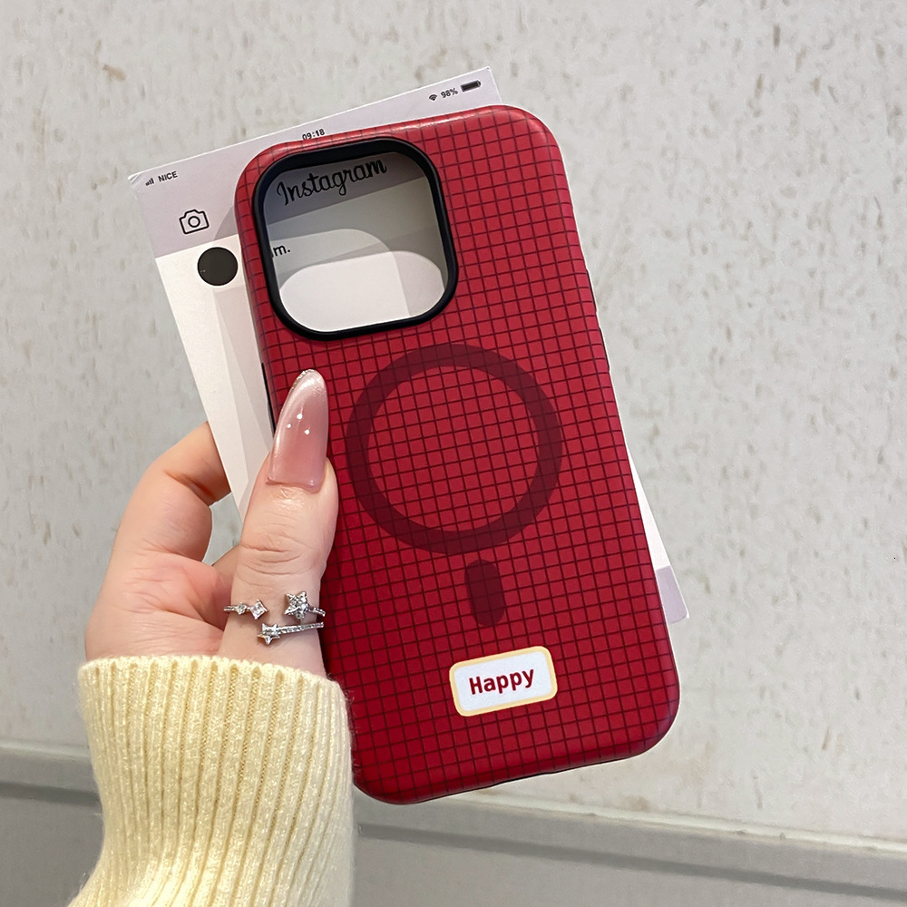 Magnetic 2-in-1 Stand Compatible with iPhone 16 Pro Max Phone Ins Red Plaid 15/17 Protective Case 13