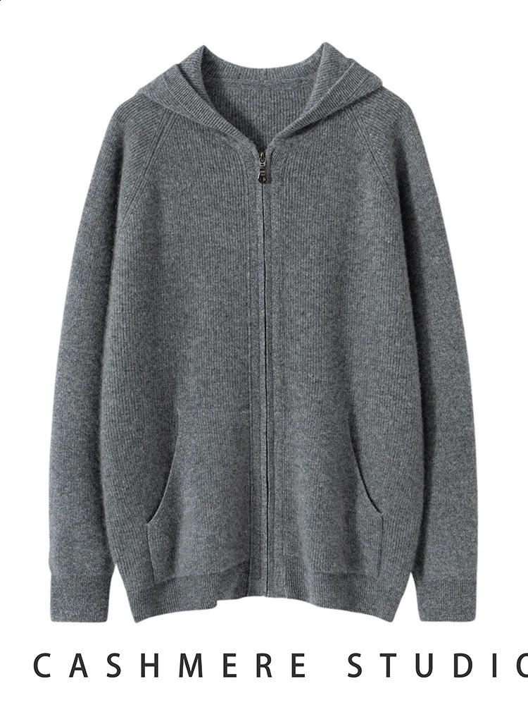 Mens Autumn Winter Cashmere Sweater Zippers Hooded Cardigan Jacquard Casual Pockets 100 Knitwear Raglan Sleeve Tops 251023