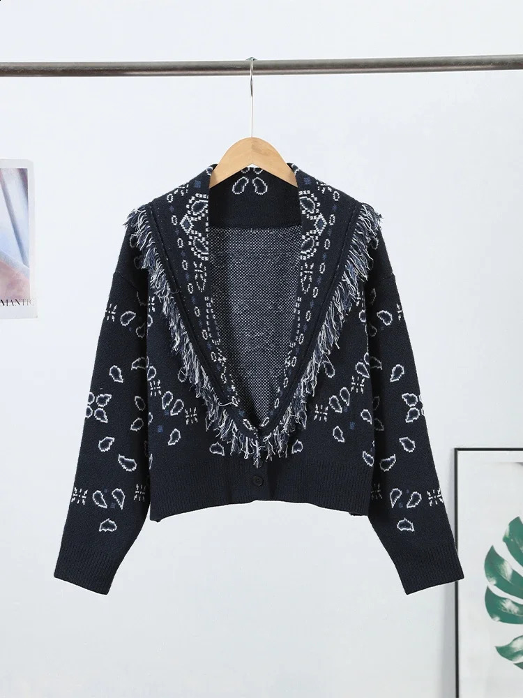 Tassel Patchwork Printed Cardigan Women Turndown Collar Long Sleeve Knitted Fashion Lady Sweater Vintage Autumn Cardigans 251022