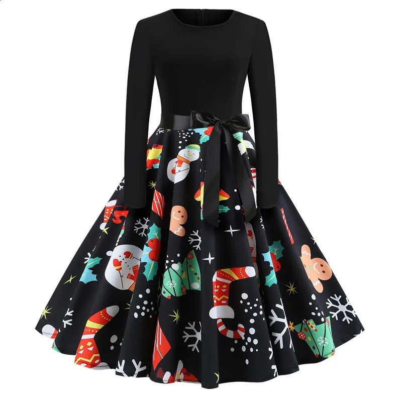 Vintage Christmas Dress for Women Elegant Swing Party Gown Long Sleeve Black Casual Print 50s 60s Style 251023