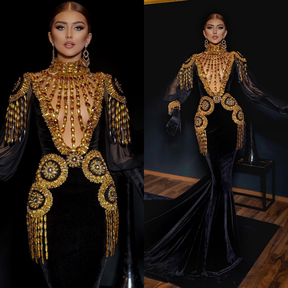 Aso Ebi Luxurious Prom Dresses 2026 Evening Dresses Velvet Illusion Mermaid Long Sleeves Beaded Lace Rhinestones Birthday Dress Second Reception Gown AM3002