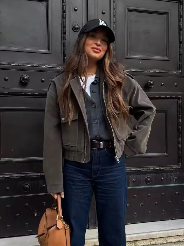 HH Female Vintage Suede Coats For 2025 Autumn Solid Long Sleeve Zipper Lapel With Pockets Street Fashion Jacket Causal Outerwear 251018