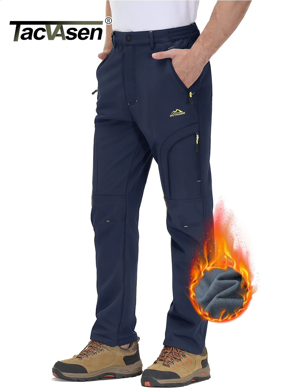 TACVASEN Winter Thermal Fleece Lined Pants Mens Waterproof Climbing Multipockets Windproof Hiking Outdoor Warm Trousers 251023