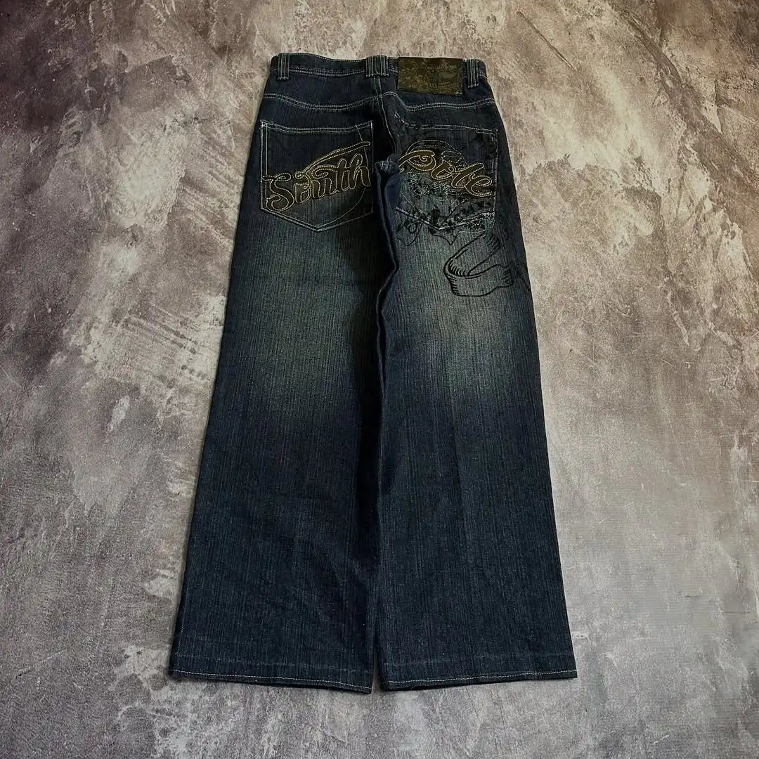 Vintage Versatile Street Baggy Wideleg Straight Jeans Pocket Pattern n Washed Hip Hop Element Low Waisted 251018