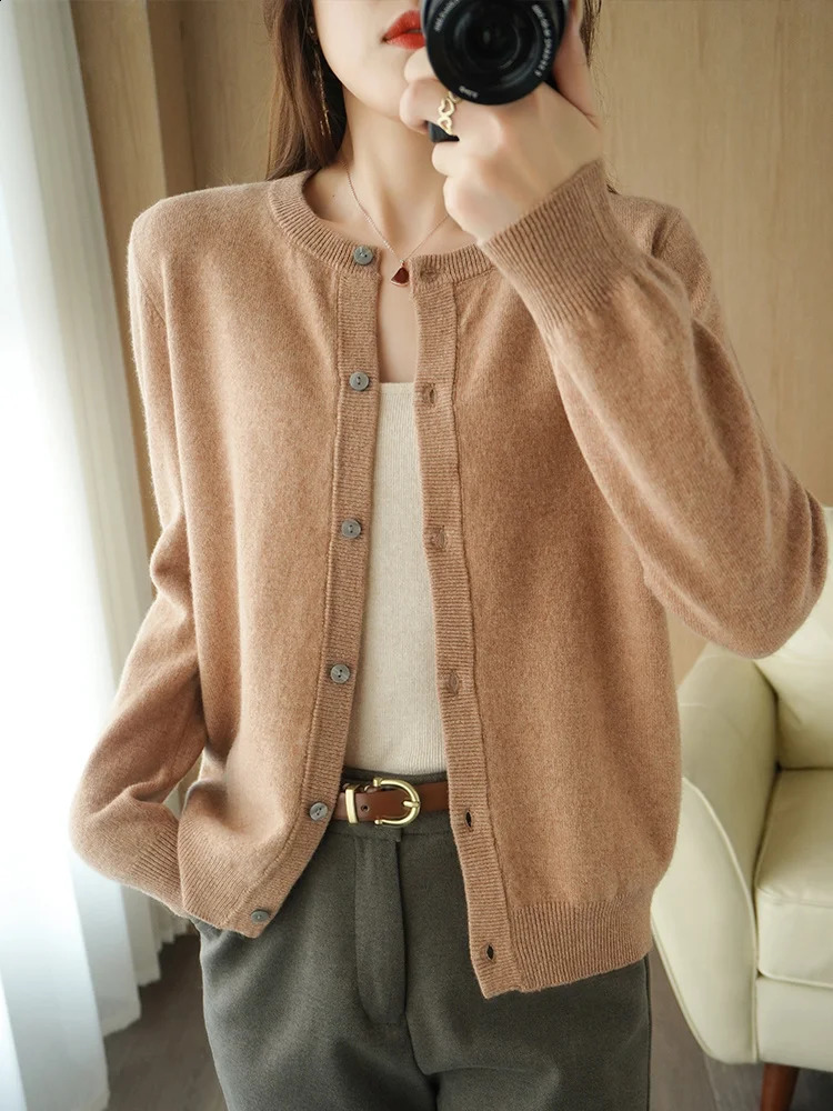 Classy Autumn Winter Women 100 Merino Wool Sweater Elegant ONeck Woman Cashmere Cardigan Knitted Basic Top Clothes 251022
