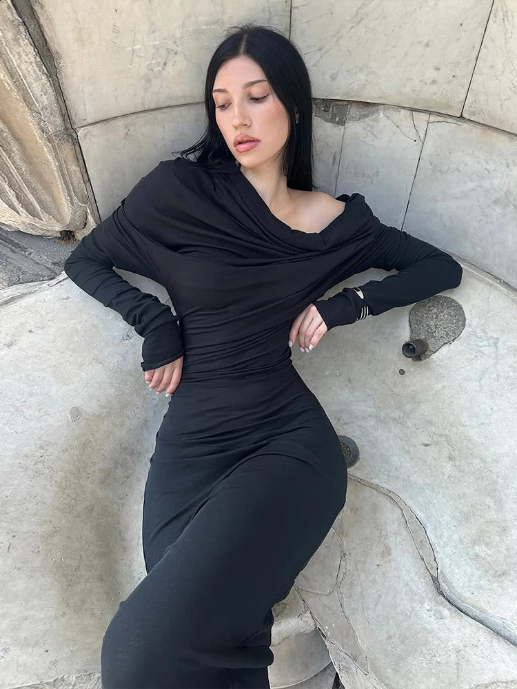 Sisterlinda Casual Hooded Long Dresses Woman Autumn Trend Swing Collar Full Sleeve Skinny High Stretch Solid Elegant Vestidos 251022