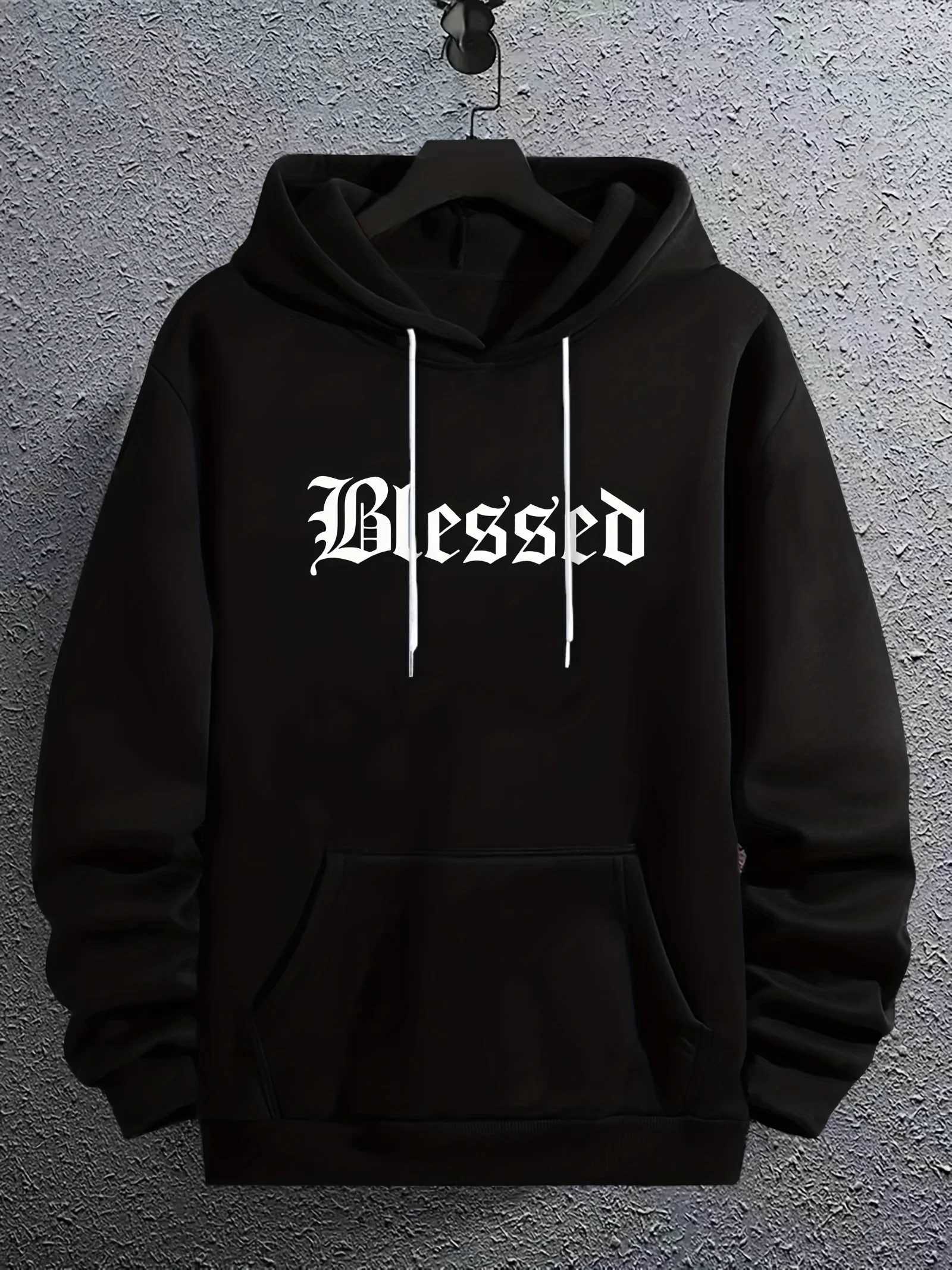 Mens autumn and winter casual fashion loose letter blessed print long sleeved hooded sweatshirt warm pulloverT251023
