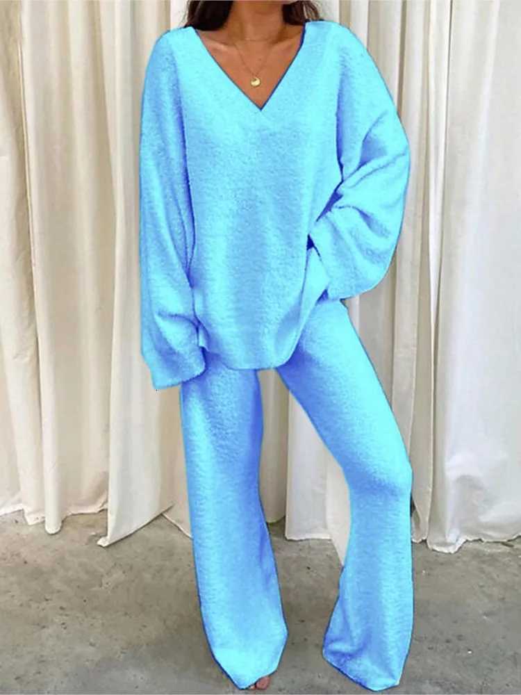 Winter Womens New Comfortable Solid Color Sexy Vneck Casual Daily Home Warm Long Sleeved With Pocket Pants Twopiece SetT251022