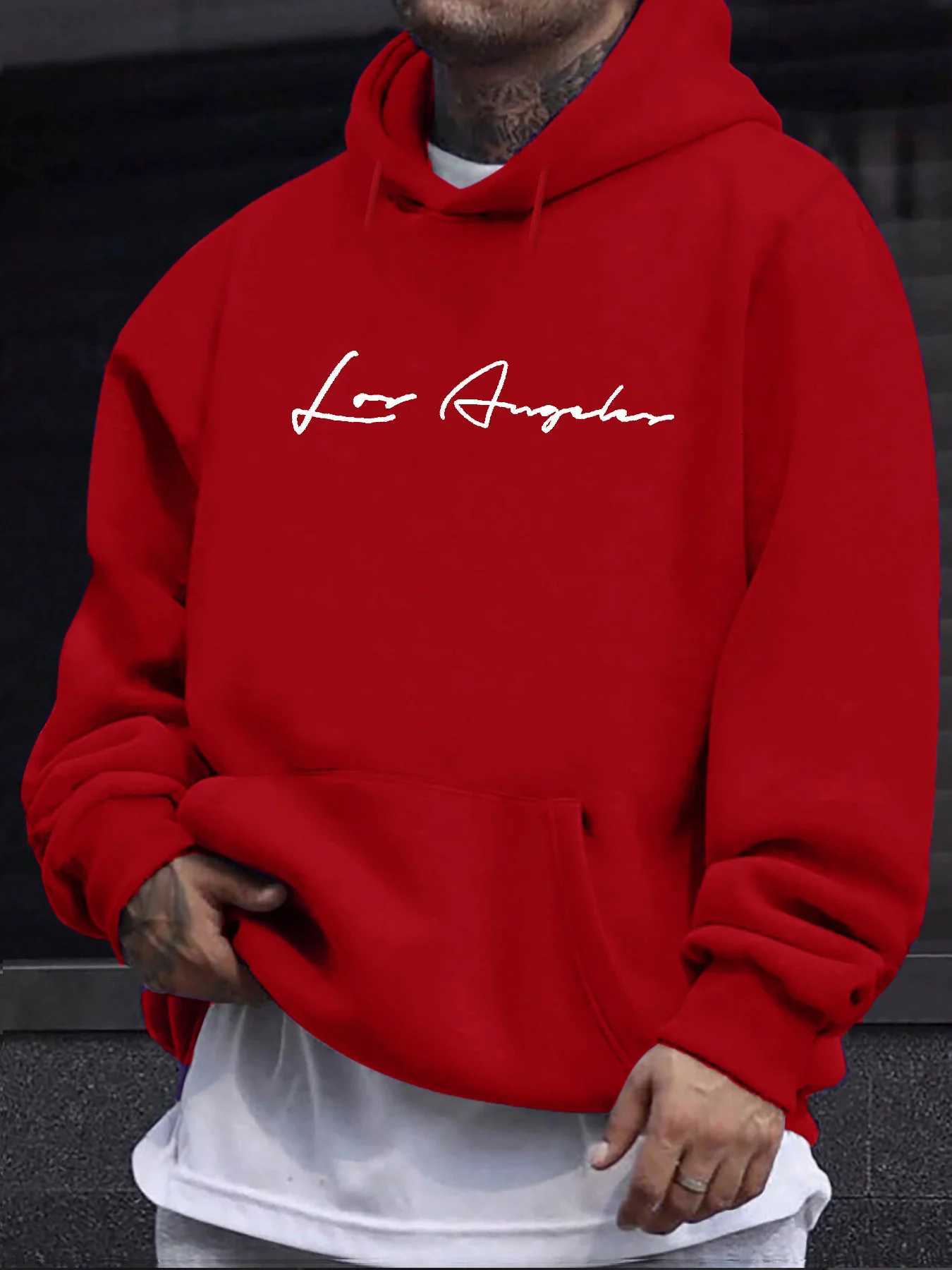 Mens autumn and winter casual fashion loose hooded sweatshirt with Los Angeles letter print long sleeved warm pulloverT251023