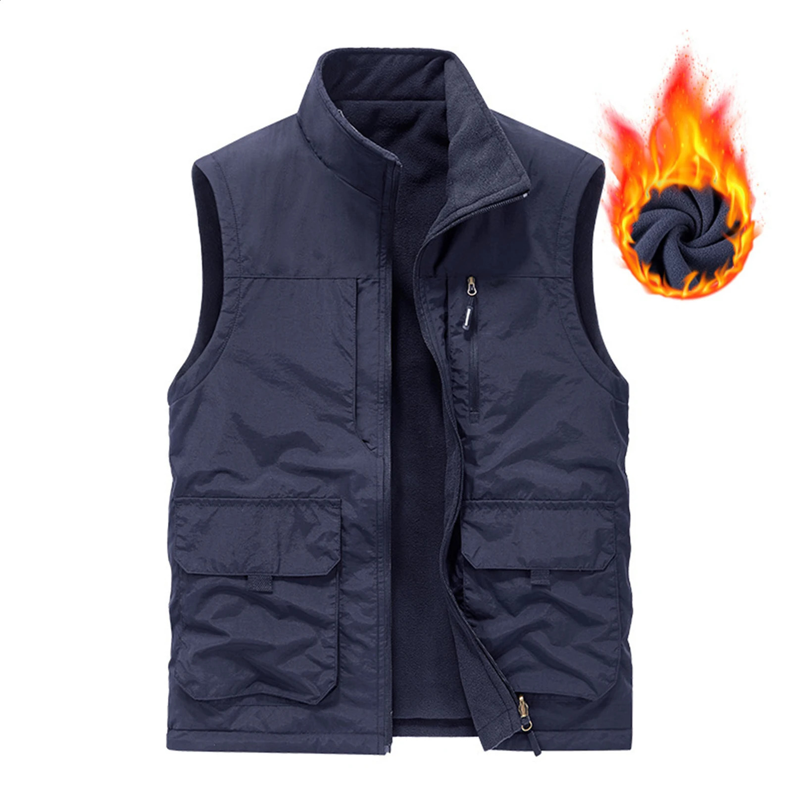 Mens Winter Fleece Cargo Vest Outdoor Multi Pocket Sleeveless Jacket Warm Thick Work Waistcoat Leisure Solid Color 251023